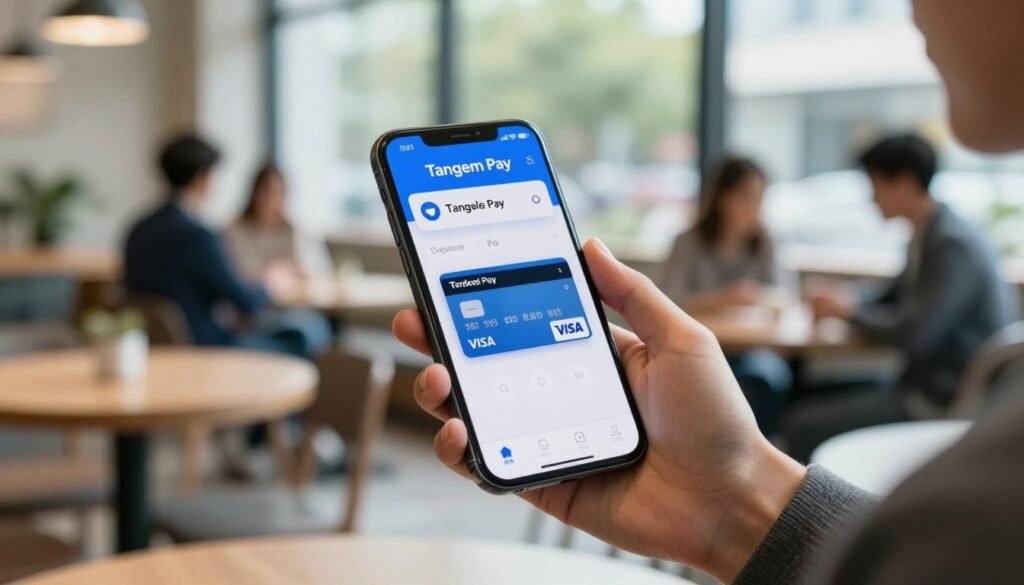 A sleek smartphone displaying the Tangem Pay app interface, prominently featuring a virtual Visa card. The foreground includes a close-up of the phone held by a person in business attire, indicating on-chain spending capabilities. The middle ground shows a subtle, blurred view of a modern café setting with tables and patrons, evoking a sense of everyday use. In the background, soft natural light filters through large windows, creating a warm and inviting atmosphere. The overall color palette consists of soft blues and greens to suggest technology and finance. The image is crisp, with a shallow depth of field effect that highlights the phone while softly blurring the background. The mood reflects convenience, innovation, and professionalism, suitable for a tech-savvy audience.