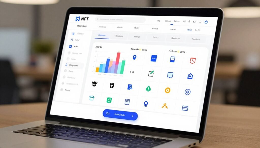 A sleek, user-friendly interface design showcasing a comparative table of top NFT marketplaces. In the foreground, a modern laptop with a clear, attractive layout displaying user-friendly visuals and easy navigation buttons. In the middle, colorful graphs and icons representing various NFT categories, arranged neatly to convey clear information. The background features a blurred office setting, subtly hinting at a professional environment with warm, inviting lighting. The atmosphere is dynamic yet approachable, with a slight futuristic look to emphasize innovation. The angle is slightly tilted from above, creating a perspective that highlights the interface's accessibility and user engagement. No text or branding is included in the image.