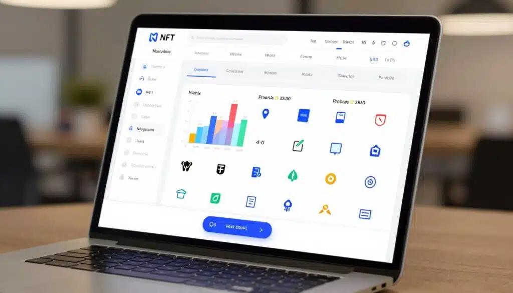A sleek, user-friendly interface design showcasing a comparative table of top NFT marketplaces. In the foreground, a modern laptop with a clear, attractive layout displaying user-friendly visuals and easy navigation buttons. In the middle, colorful graphs and icons representing various NFT categories, arranged neatly to convey clear information. The background features a blurred office setting, subtly hinting at a professional environment with warm, inviting lighting. The atmosphere is dynamic yet approachable, with a slight futuristic look to emphasize innovation. The angle is slightly tilted from above, creating a perspective that highlights the interface's accessibility and user engagement. No text or branding is included in the image.