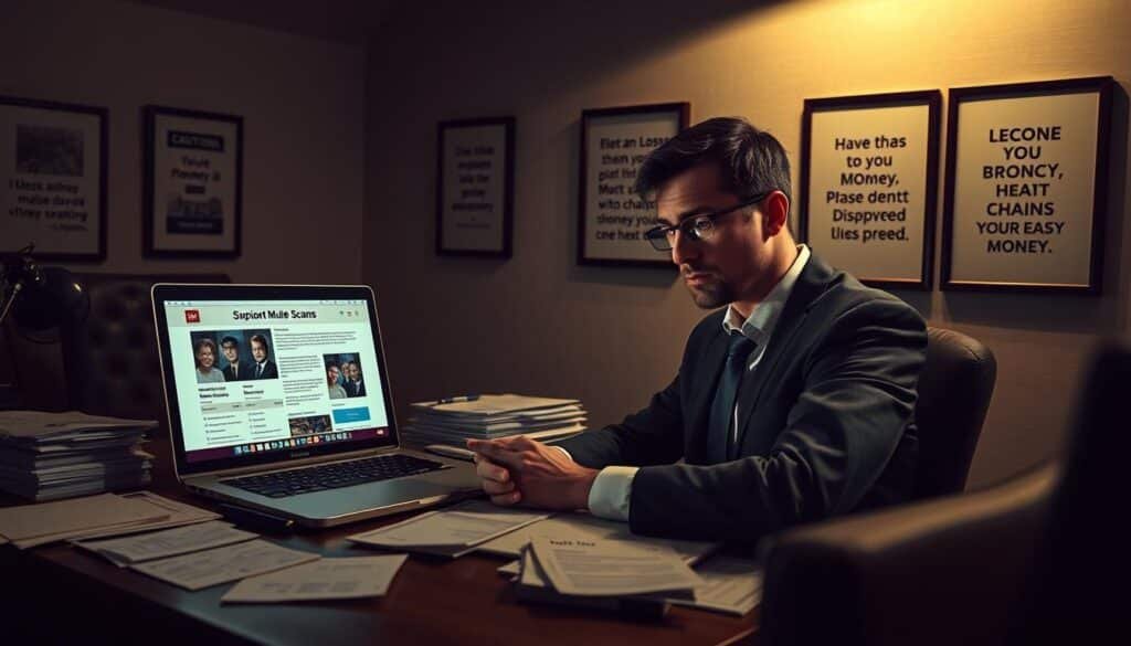 A slick office environment with a dimly lit atmosphere, showcasing a desk cluttered with invoices, bank statements, and a laptop displaying suspicious job ads. In the foreground, a professional-looking individual in business attire gazes at the screen with a concerned expression, symbolizing the red flags of money mule scams. In the middle ground, a digital wallet app is open, displaying cryptocurrency transactions, while cautionary images of chains breaking and money disappearing subtly hint at losses. The background features a wall with framed motivational quotes fading into shadows, creating a sense of unease. Soft overhead lighting casts dramatic shadows, emphasizing the tension around the idea of "easy money." The overall mood is one of caution and urgency, encapsulating the theme of scam awareness.