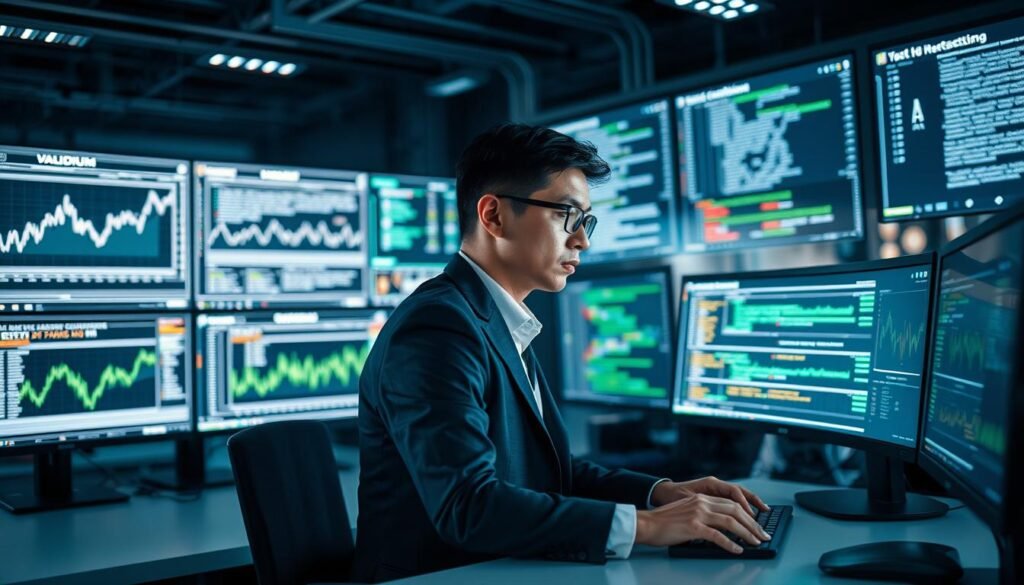 A sophisticated, modern digital operator at a sleek workstation, meticulously managing blockchain transactions within a Validium framework. The scene is set in a high-tech environment illuminated by soft, ambient lighting that highlights the operator's focused expression while avoiding harsh shadows. The operator, a professional in business attire, is surrounded by advanced monitors displaying intricate graphs and code, showcasing the architecture of Validium technology. In the background, sleek transparent screens visualize smart contracts and transaction flow, pulsating gently with dynamic data streams. The perspective is slightly above eye level, lending an authoritative view into this cutting-edge workspace, evoking a sense of innovation and efficiency in the blockchain realm.