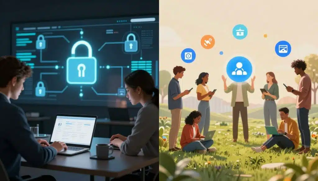 A split composition illustrating the core differences between Private and Public Blockchains. On the left side, depict a secure, private blockchain network, featuring a sleek, dark office setting with professionals in business attire collaboratively working on laptops; show digital locks and private data streams glowing subtly in the background. On the right side, visualize a vibrant, open landscape symbolizing a public blockchain, with diverse individuals, casually dressed, enthusiastically interacting with digital devices; include bright, floating icons symbolizing transparency and accessibility. Use soft, focused lighting to highlight the professional atmosphere on the left and a warm, inviting glow for the public side, creating a sense of innovation and collaboration. The overall mood blends professionalism with friendliness, emphasizing the stark contrasts between private and public blockchain technologies.