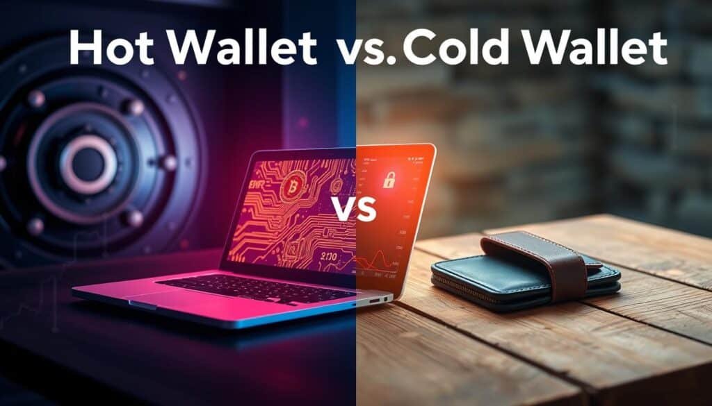 A split-image design illustrating "Hot Wallets vs Cold Wallets" in the cryptocurrency landscape. In the foreground, a sleek laptop displaying a vibrant digital wallet interface symbolizes hot wallets, surrounded by glowing circuit patterns and warm light, suggesting connectivity and activity. To the left, a secure hardware wallet resting on a rustic wooden table represents cold wallets, illuminated by soft, cool lighting, with a background of a serene, closed vault emphasizing security and protection. The middle ground blends technology and finance, with subtle digital elements like blockchain symbols and financial graphs. The atmosphere is one of contrast between dynamic energy and assured safety, conveying the essence of both wallet types.