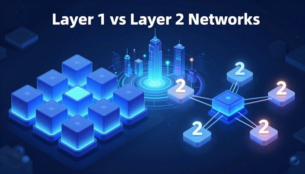 A split-screen illustration showcasing "Layer 1 vs Layer 2 Networks" in the context of blockchain scalability. The foreground features two distinct networks: on the left, a Layer 1 network represented by a robust, interconnected series of blocks with vibrant lighting highlighting their solidity and mainframe-like architecture. On the right, a Layer 2 network depicted as agile, flowing lines connecting to the Layer 1 blocks with softer, glowing accents, symbolizing enhanced speed and scalability. The middle background blends these two worlds, with a dynamic and futuristic cityscape, suggesting evolution in technology. The overall atmosphere is professional and informative, with a cool color palette emphasizing technology and innovation, utilizing a slight top-down angle for depth. The light source is bright yet soft, creating a clean and polished look without any text or clutter.