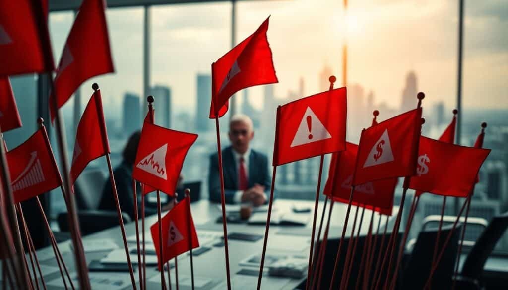 A striking visual representation of stock red flags, prominently displayed in the foreground. Envision a collection of bright red flags featuring various alarming symbols such as declining graphs, warning signs, and dollar signs, all nestled among a backdrop of financial documents and charts. The middle layer showcases a blurred boardroom and investors in professional business attire, engaged in serious discussion, casting worried expressions. The background reveals an abstract city skyline, representing the financial market, under soft, moody lighting that suggests a sense of urgency and concern. Utilize a wide-angle perspective to create depth, with a focus on the flags, enhancing their vividness and drawing the viewer's eye to this critical warning.