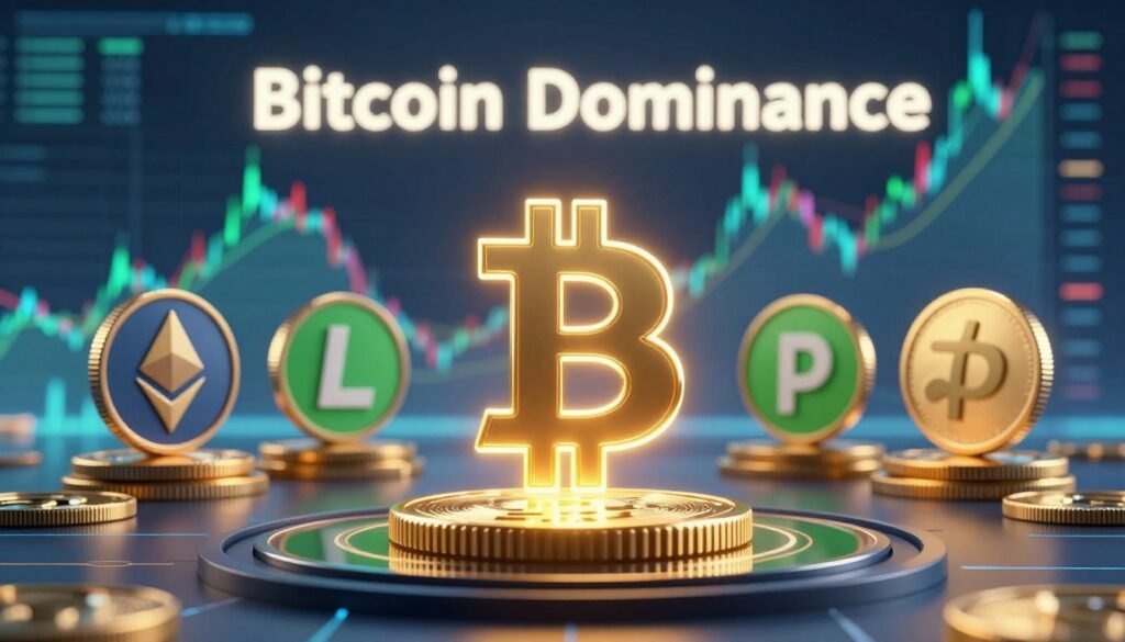 A strong, visually striking representation of "Bitcoin Dominance" in the cryptocurrency market. In the foreground, a large, shining Bitcoin symbol, glowing with golden light, stands majestically atop a digital pedestal. In the middle ground, a collection of altcoin symbols (like Ethereum, Litecoin, and Ripple), depicted as smaller coins, are arranged in a semi-circle around Bitcoin, subtly shaded to show their inferiority in size. The background features a dynamic, abstract digital landscape, illustrating fluctuating cryptocurrency graphs with vibrant colors like blue and green, suggesting market movement and volatility. The scene is illuminated with soft, futuristic lighting, creating a high-tech atmosphere. A low angle perspective heightens the prominence of the Bitcoin symbol, instilling a sense of dominance and authority over the cryptocurrency realm. A strong, visually striking representation of "Bitcoin Dominance" in the cryptocurrency market. In the foreground, a large, shining Bitcoin symbol, glowing with golden light, stands majestically atop a digital pedestal. In the middle ground, a collection of altcoin symbols (like Ethereum, Litecoin, and Ripple), depicted as smaller coins, are arranged in a semi-circle around Bitcoin, subtly shaded to show their inferiority in size. The background features a dynamic, abstract digital landscape, illustrating fluctuating cryptocurrency graphs with vibrant colors like blue and green, suggesting market movement and volatility. The scene is illuminated with soft, futuristic lighting, creating a high-tech atmosphere. A low angle perspective heightens the prominence of the Bitcoin symbol, instilling a sense of dominance and authority over the cryptocurrency realm.
