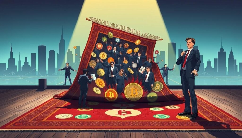 A stylized, digital illustration depicting the concept of a "rug pull" in the cryptocurrency world. In the foreground, a person in professional business attire looks alarmed, standing next to a large, overturned rug with symbols of popular cryptocurrencies printed on it. The middle ground features a chaotic scene of investors and figures representing various cryptocurrencies, looking confused and distraught, alluding to an exit scam. The background shows a futuristic city skyline, symbolizing the crypto market's volatility. Utilize dramatic lighting to cast shadows that enhance the tension in the scene, with a slight upward angle to create a sense of urgency. The overall mood should convey caution and intrigue, highlighting the seriousness of rug pulls in the crypto space.