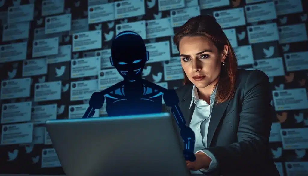 A thought-provoking scene illustrating the risks and impacts of bot traffic on social media platforms, particularly focusing on Twitter cryptocurrency interactions. In the foreground, depict a professional-looking man and woman in business attire huddled over a laptop, their expressions a mix of concern and focus. In the middle ground, show a digital representation of bots as dark, shadowy figures or icons attempting to infiltrate their discussions, symbolizing the intrusion of automated accounts. In the background, visualize a chaotic collage of Twitter feeds filled with misleading information and symbols representing cryptocurrency. Use cool, dim lighting to create a tense atmosphere, with a slight blur to the background to emphasize the urgency of the situation, captured from a low angle to convey depth and drama. A thought-provoking scene illustrating the risks and impacts of bot traffic on social media platforms, particularly focusing on Twitter cryptocurrency interactions. In the foreground, depict a professional-looking man and woman in business attire huddled over a laptop, their expressions a mix of concern and focus. In the middle ground, show a digital representation of bots as dark, shadowy figures or icons attempting to infiltrate their discussions, symbolizing the intrusion of automated accounts. In the background, visualize a chaotic collage of Twitter feeds filled with misleading information and symbols representing cryptocurrency. Use cool, dim lighting to create a tense atmosphere, with a slight blur to the background to emphasize the urgency of the situation, captured from a low angle to convey depth and drama.