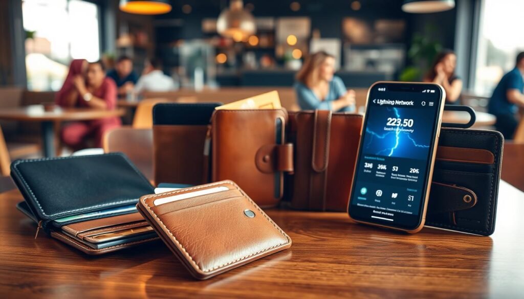 A variety of stylish wallets displayed on a sleek wooden table, showcasing different designs and materials such as leather, fabric, and vegan alternatives. In the foreground, a handcrafted leather wallet is open, revealing neatly organized compartments for cards and cash. The middle layer features a smartphone displaying a Bitcoin wallet app, with glowing transaction details visible on the screen, symbolizing the Lightning Network's efficiency. The background includes softly blurred elements of a vibrant cafe setting, featuring patrons engaging in transactions, exuding a modern and tech-savvy atmosphere. Warm, natural lighting enhances the scene, creating a welcoming ambiance, while a shallow depth of field focuses attention on the wallets and the smartphone. A variety of stylish wallets displayed on a sleek wooden table, showcasing different designs and materials such as leather, fabric, and vegan alternatives. In the foreground, a handcrafted leather wallet is open, revealing neatly organized compartments for cards and cash. The middle layer features a smartphone displaying a Bitcoin wallet app, with glowing transaction details visible on the screen, symbolizing the Lightning Network's efficiency. The background includes softly blurred elements of a vibrant cafe setting, featuring patrons engaging in transactions, exuding a modern and tech-savvy atmosphere. Warm, natural lighting enhances the scene, creating a welcoming ambiance, while a shallow depth of field focuses attention on the wallets and the smartphone.
