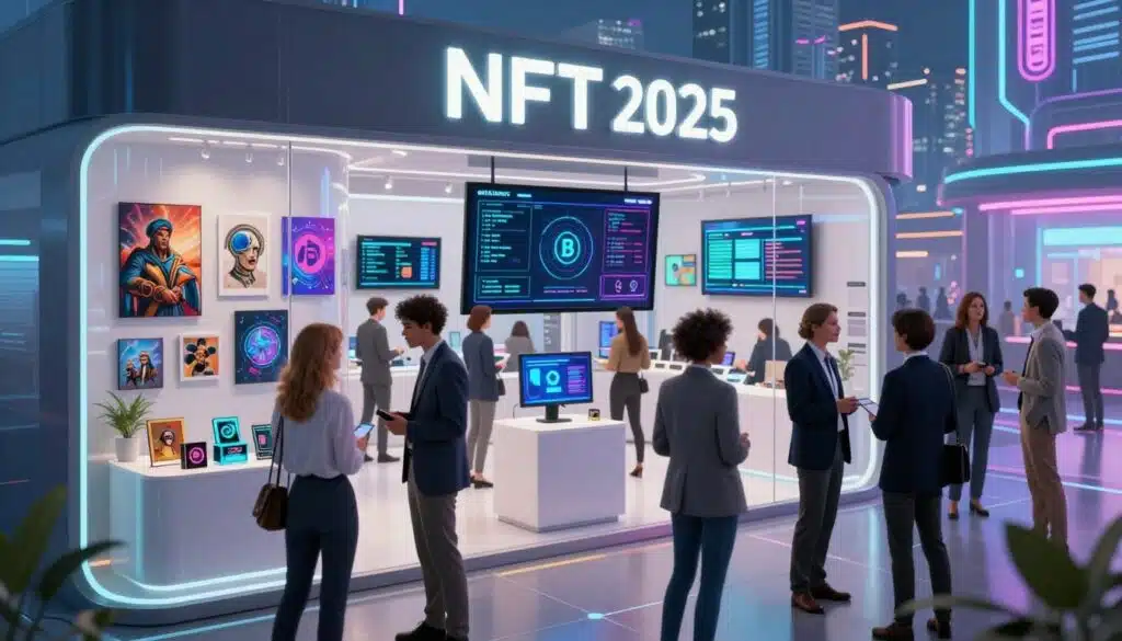 A vibrant NFT marketplace scene set in 2025, featuring a sleek digital storefront bustling with activity. In the foreground, a diverse group of professionals in business attire is engaged in discussions, examining digital displays of NFT art and collectibles. The middle ground showcases interactive screens featuring dynamic graphics of cryptocurrencies and blockchain transactions, creating an engaging user experience. The background depicts a futuristic cityscape with neon lights and high-tech architecture, enhancing the digital atmosphere of the marketplace. Soft, futuristic lighting illuminates the scene, casting gentle reflections on glass surfaces. The mood is energetic and innovative, inviting viewers into the modern world of buying and selling NFTs. The perspective is slightly tilted upward, giving a sense of grandeur and excitement in this cutting-edge environment.