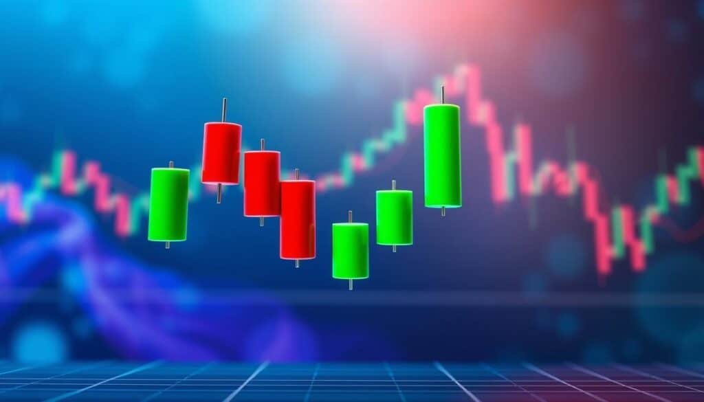 A vibrant and detailed depiction of a bullish engulfing candlestick pattern in the foreground, showcasing two candlesticks: the first is a smaller red candlestick representing a downtrend, and the second is a larger green candlestick, fully enveloping the red one, indicating a transition to an uptrend. In the middle ground, incorporate a subtle grid or chart background using soft lines to represent market movements and trends. The background should feature an abstract representation of a cryptocurrency market with trading volumes waving up, infused with cool blues and greens. Soft, focused lighting casts a hopeful glow on the candlesticks, evoking a sense of optimism and potential profit. The perspective is slightly elevated, offering a clear view of the patterns without any text or digital clutter.