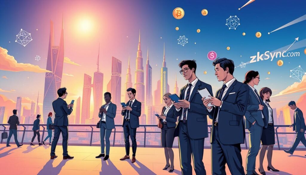 A vibrant and dynamic illustration representing the zkSync ecosystem. In the foreground, showcase a group of diverse professionals in smart business attire engaging with digital devices, discussing blockchain technology and zk-rollups. The middle ground features a futuristic cityscape filled with blockchain towers, data streams, and symbols of decentralized finance (DeFi) like tokens and graphs. In the background, a bright sky transitions from day to dusk, casting a warm golden light that enhances the busy atmosphere of innovation. Use a wide-angle lens perspective to create depth and emphasize the lively interactions among individuals and technology. The mood should be inspiring and forward-looking, encapsulating the potential of zkSync in real-world applications. A vibrant and dynamic illustration representing the zkSync ecosystem. In the foreground, showcase a group of diverse professionals in smart business attire engaging with digital devices, discussing blockchain technology and zk-rollups. The middle ground features a futuristic cityscape filled with blockchain towers, data streams, and symbols of decentralized finance (DeFi) like tokens and graphs. In the background, a bright sky transitions from day to dusk, casting a warm golden light that enhances the busy atmosphere of innovation. Use a wide-angle lens perspective to create depth and emphasize the lively interactions among individuals and technology. The mood should be inspiring and forward-looking, encapsulating the potential of zkSync in real-world applications.