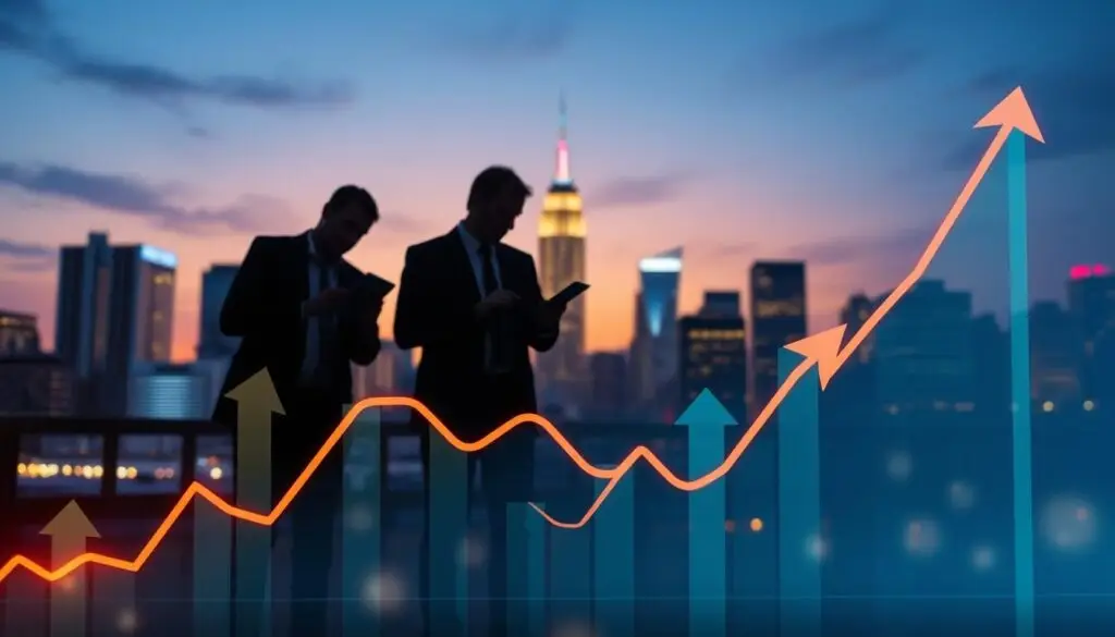 A vibrant and dynamic representation of confirmation signals in trading, showcasing an abstract depiction of bullish divergence. In the foreground, a stylized graph with upward-facing arrow trends is highlighted, symbolizing market movements. The middle layer features silhouettes of traders in professional business attire, analyzing charts on digital devices, immersed in their strategies. In the background, a soft-focus, glowing financial district skyline at dusk adds a sense of urgency and excitement. The lighting is dramatic, with rich blues and golds creating a sense of optimism. Use a wide-angle lens effect to emphasize the depth of the scene, capturing both the human element and the analytical tools of trading. The atmosphere is energetic yet professional, reflecting the importance of confirmation signals in trading strategies.