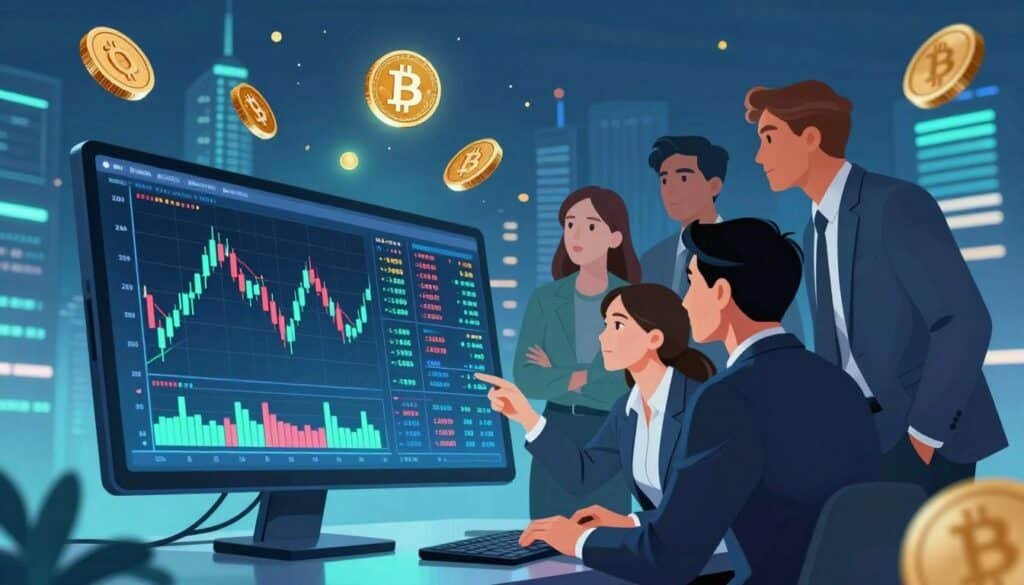 A vibrant and engaging digital illustration of the crypto market, showcasing a dynamic atmosphere of fluctuating cryptocurrency prices. In the foreground, a modern computer screen displays colorful candlestick charts and graphs representing crypto market cycles, with rising and falling trends. The middle ground features a diverse group of professionals in business attire, actively discussing strategies while looking at the screen, depicting collaboration and analysis. The background includes a digital city skyline with glowing blockchain symbols and cryptocurrencies represented as floating 3D coins in the air. The lighting is bright and futuristic, with a cool blue and green color palette, creating an optimistic and innovative mood. The angle is slightly low, emphasizing the screen and the enthusiasm of the group. A vibrant and engaging digital illustration of the crypto market, showcasing a dynamic atmosphere of fluctuating cryptocurrency prices. In the foreground, a modern computer screen displays colorful candlestick charts and graphs representing crypto market cycles, with rising and falling trends. The middle ground features a diverse group of professionals in business attire, actively discussing strategies while looking at the screen, depicting collaboration and analysis. The background includes a digital city skyline with glowing blockchain symbols and cryptocurrencies represented as floating 3D coins in the air. The lighting is bright and futuristic, with a cool blue and green color palette, creating an optimistic and innovative mood. The angle is slightly low, emphasizing the screen and the enthusiasm of the group.