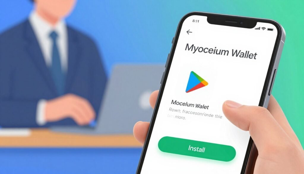 A vibrant and engaging illustration depicting the Google Play Store interface on an Android device showcasing the Mycelium Wallet app. In the foreground, prominently feature a modern smartphone angled slightly to reveal the app installation screen with the Mycelium Wallet logo. The middle layer should include a subtle, blurred hand hovering over the screen, poised to tap the 'Install' button, dressed in professional business attire. In the background, softly illuminated with a gradient of blue and green hues, evoke a tech-focused atmosphere reminiscent of app development. The lighting should be bright yet soft, resembling a workspace environment, and the overall mood should convey a sense of reliability and security, inviting users to trust in the installation process.