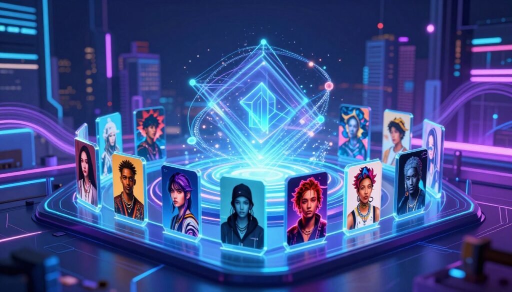 A vibrant and futuristic digital landscape showcasing dynamic NFTs, featuring elements that change and evolve within the image. In the foreground, a striking 3D holographic display illustrates various NFT artworks that morph between different styles and colors, reflecting interactivity. In the middle ground, softly glowing geometric shapes and patterns symbolize the underlying blockchain technology, surrounded by swirling particles that suggest movement and innovation. The background features a sleek cityscape with neon lights and ethereal, flowing lines that represent data transmission in the digital realm. Employ high-contrast lighting to emphasize the NFTs, with a cool color palette of blues and purples to create a sense of mystery and excitement. The atmosphere is energetic and cutting-edge, capturing the essence of dynamic versus static art in the digital age. A vibrant and futuristic digital landscape showcasing dynamic NFTs, featuring elements that change and evolve within the image. In the foreground, a striking 3D holographic display illustrates various NFT artworks that morph between different styles and colors, reflecting interactivity. In the middle ground, softly glowing geometric shapes and patterns symbolize the underlying blockchain technology, surrounded by swirling particles that suggest movement and innovation. The background features a sleek cityscape with neon lights and ethereal, flowing lines that represent data transmission in the digital realm. Employ high-contrast lighting to emphasize the NFTs, with a cool color palette of blues and purples to create a sense of mystery and excitement. The atmosphere is energetic and cutting-edge, capturing the essence of dynamic versus static art in the digital age.