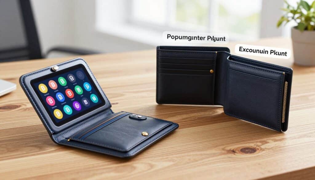 A vibrant and informative image depicting a wallet comparison scene. In the foreground, a sleek, modern Exodus wallet lies open, showcasing its features like a digital interface with colorful cryptocurrency icons. Next to it, two other popular wallets are positioned for contrast, with labels for each, highlighting their unique attributes. The middle ground features a wooden table to add a rustic touch, while in the background, a bright and airy office setting with soft natural light filters through a window, creating a professional atmosphere. The angle should be slightly above the wallets to offer a clear view of their interiors, emphasizing their usability. The overall mood is analytical yet inviting, suggesting a thorough review and comparison.