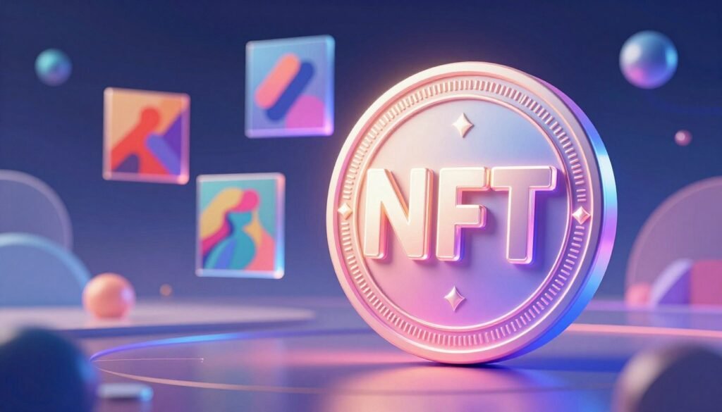 A vibrant and modern digital art piece representing NFTs as unique digital assets. In the foreground, feature a stunning, large 3D NFT token with intricate, glowing patterns that symbolize rarity and value, casting a soft luminescent light. In the middle, display various digital artworks in floating frames, showcasing colorful, abstract designs that highlight creativity and innovation. The background should be a sleek, futuristic digital landscape, with geometric shapes and soft gradients, creating a sense of limitless possibilities. Utilize dynamic lighting to emphasize the ethereal quality of the NFT token, and opt for a slightly angled perspective to enhance depth. The atmosphere should feel inspiring and tech-forward, inviting viewers to explore the transformative world of NFTs.
