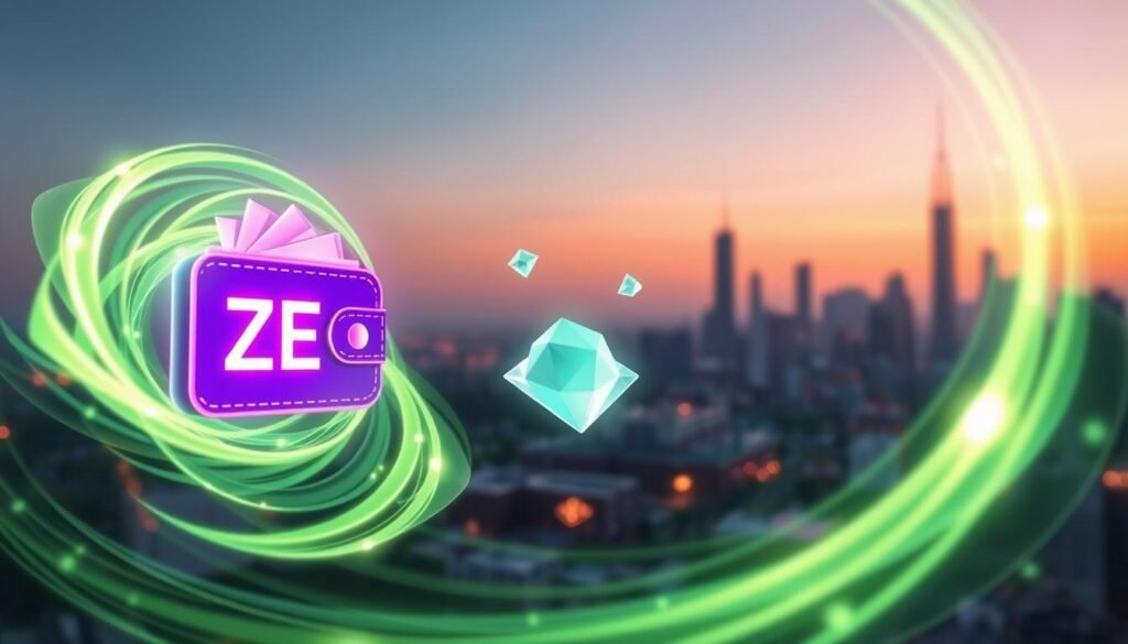 A vibrant and visually engaging representation of "zero gas fees" associated with NFT transactions using Immutable X. In the foreground, depict a sleek digital wallet icon surrounded by swirling green energy, symbolizing the absence of gas fees. In the middle ground, illustrate stylized, glowing NFTs floating gracefully; these could be artistic representations of digital art or collectibles. The background should feature a serene city skyline with modern buildings, emphasizing technological advancement. Use soft, ambient lighting to create a futuristic atmosphere, and incorporate dynamic angles that convey motion and excitement. The overall mood should be optimistic and innovative, celebrating the benefits of seamless NFT transactions without any costs.