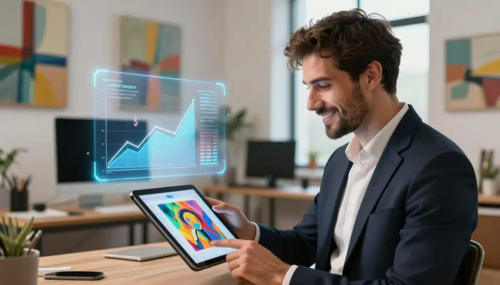 A vibrant digital artwork illustrating the concept of NFT royalties. In the foreground, depict a confident artist, dressed in professional business attire, closely examining a digital tablet displaying a colorful NFT art piece. In the middle ground, show a transparent holographic display of charts and graphs representing passive income streams, with dollar signs subtly incorporated. The background features a modern, stylish art studio with abstract paintings on the walls, a sleek computer setup, and a large window letting in soft, natural light. The overall mood is optimistic and inspiring, highlighting the potential of NFTs for creators. Use soft lighting to create a warm and inviting atmosphere, with a slight depth of field to focus on the artist.