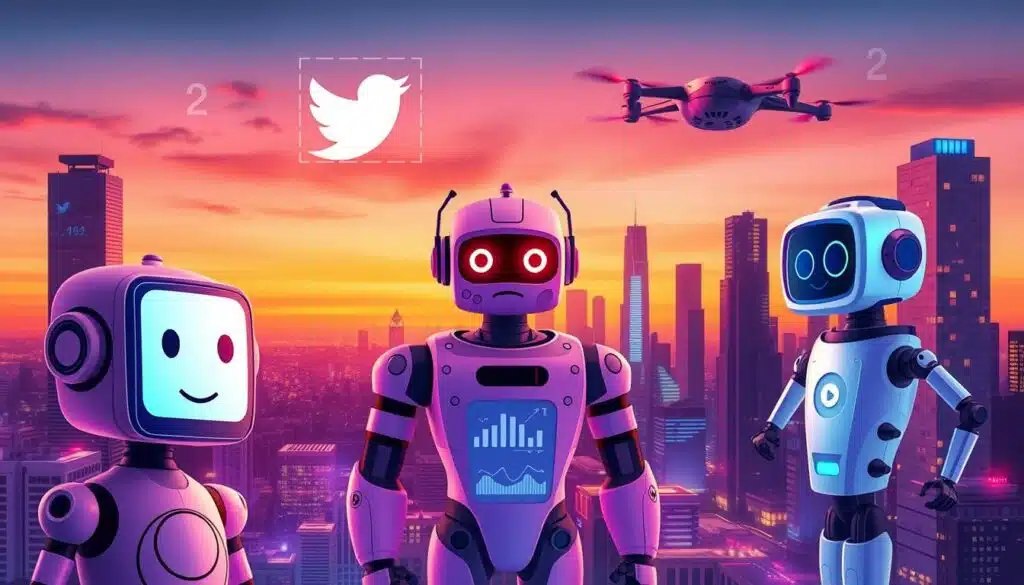 A vibrant digital collage showcasing various types of bots typically found in crypto conversations on Twitter. In the foreground, depict three distinct bot characters: a friendly chat bot represented as a humanoid with a glowing screen face, a data analysis bot resembling a sleek robot with visual graphs embedded, and a trading bot styled like a futuristic drone hovering above. In the middle ground, illustrate a lively Twitter-themed backdrop with stylized tweets and crypto symbols subtly blended, creating a sense of active conversation. In the background, a modern tech cityscape under a twilight sky adds depth, illuminated by neon lights. Use a warm color palette to evoke a welcoming mood, with soft ambient lighting to enhance the digital theme. The image should be vibrant and engaging while maintaining a professional appearance, free from any text or branding. A vibrant digital collage showcasing various types of bots typically found in crypto conversations on Twitter. In the foreground, depict three distinct bot characters: a friendly chat bot represented as a humanoid with a glowing screen face, a data analysis bot resembling a sleek robot with visual graphs embedded, and a trading bot styled like a futuristic drone hovering above. In the middle ground, illustrate a lively Twitter-themed backdrop with stylized tweets and crypto symbols subtly blended, creating a sense of active conversation. In the background, a modern tech cityscape under a twilight sky adds depth, illuminated by neon lights. Use a warm color palette to evoke a welcoming mood, with soft ambient lighting to enhance the digital theme. The image should be vibrant and engaging while maintaining a professional appearance, free from any text or branding.