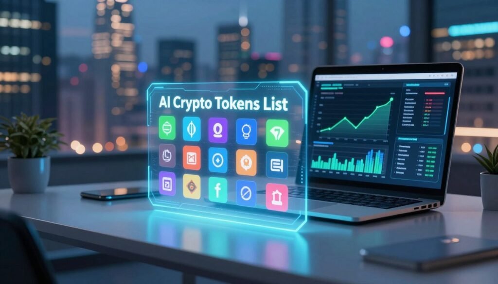 A vibrant digital display of an "AI Crypto Tokens List" on a sleek, modern desk. In the foreground, a futuristic holographic interface showcases a variety of colorful crypto tokens represented by distinctive icons and logos, glowing softly. The middle ground features a stylish laptop with graphs and data analytics about the tokens, while a cool, slightly blurred background reveals a bustling cityscape at dusk, with skyscrapers illuminated by neon lights. Soft, ambient blue and green lighting highlights the technology theme, creating a sense of innovation and excitement. The atmosphere should feel dynamic and forward-looking, capturing the essence of the burgeoning AI crypto market.