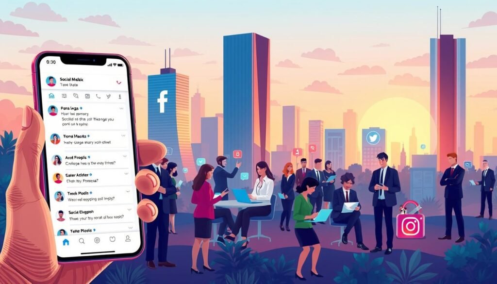 A vibrant digital illustration representing social media as a landscape filled with various platforms. In the foreground, a smartphone held by a hand displays a vivid social media interface with notifications and messages. The middle ground features diverse, professional individuals engaged in conversations, sharing content, and working collaboratively on laptops and tablets, all dressed in smart business attire. In the background, a stylized cityscape with towering buildings lined with giant social media icons like Facebook, Twitter, and Instagram casts soft, ambient lighting in a late afternoon glow. The overall mood is dynamic and active, reflecting the fast-paced nature of online interactions while subtly hinting at the lurking presence of scams and phishing threats within this digital world.