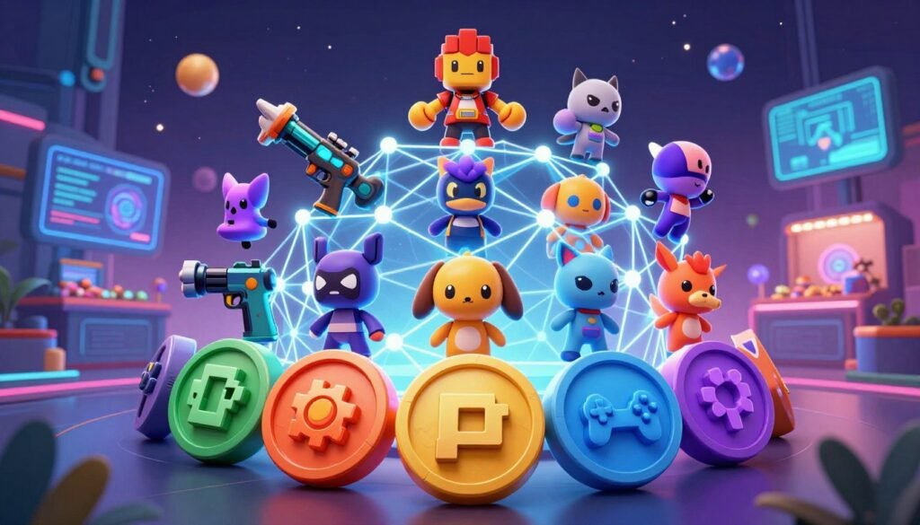A vibrant digital illustration showcasing various gaming NFTs, prominently featuring stylized game characters and unique virtual items. In the foreground, display intricately designed gaming tokens with bright colors and textures, like pixel art or 3D renderings. The middle ground should include a collection of popular video game elements, such as weapons, skins, and avatars, all interconnected with a blockchain-like structure, represented by glowing lines and nodes. The background features a futuristic gaming landscape, with glowing holographic displays and digital marketplaces, set under a dark, starry sky. Soft neon lights illuminate the scene, creating an engaging, exciting atmosphere that captures the essence of gaming NFTs in blockchain gaming. The image should feel dynamic and modern, inviting viewers to explore the innovative world of digital assets. A vibrant digital illustration showcasing various gaming NFTs, prominently featuring stylized game characters and unique virtual items. In the foreground, display intricately designed gaming tokens with bright colors and textures, like pixel art or 3D renderings. The middle ground should include a collection of popular video game elements, such as weapons, skins, and avatars, all interconnected with a blockchain-like structure, represented by glowing lines and nodes. The background features a futuristic gaming landscape, with glowing holographic displays and digital marketplaces, set under a dark, starry sky. Soft neon lights illuminate the scene, creating an engaging, exciting atmosphere that captures the essence of gaming NFTs in blockchain gaming. The image should feel dynamic and modern, inviting viewers to explore the innovative world of digital assets.