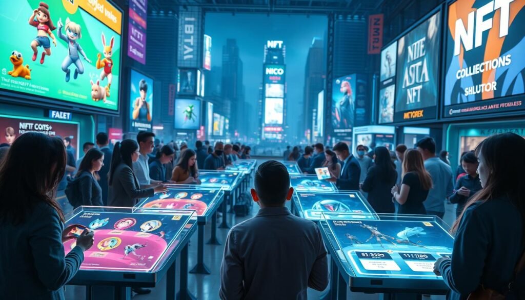A vibrant digital marketplace scene showcasing NFT transactions in gaming and digital collectibles. In the foreground, a diverse group of individuals in professional attire interact with holographic displays of animated characters and digital art items. The middle ground features glowing screens displaying various NFT collections, game avatars, and auction bids, illuminated with neon colors. The background is a futuristic cityscape filled with virtual reality elements and large digital billboards advertising popular NFT games. Soft ambient lighting creates an inviting atmosphere, while dynamic angles emphasize engagement and excitement in the trading experience. The overall mood is energetic and innovative, highlighting the intersection of technology and digital art.
