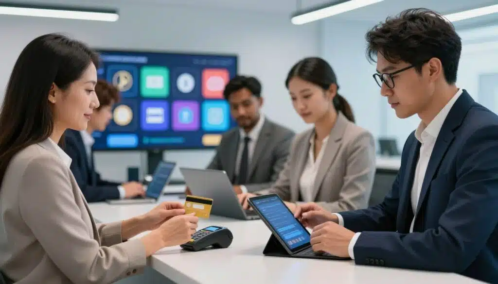 A vibrant digital scene showcasing a professional setting for purchasing cryptocurrency with a credit card. In the foreground, a diverse group of individuals in professional business attire is engaged in a transaction at a sleek, modern countertop with a card reader. One person, a middle-aged woman with dark hair, holds up a credit card, while a young man in glasses types on a tablet displaying a crypto wallet interface. The middle ground features a display of various cryptocurrencies represented by colorful icons. In the background, a well-lit, minimalistic office environment with subtle blue hues evokes a sense of modern technology. Soft lighting creates an inviting atmosphere, emphasizing the theme of financial transactions in the digital age, capturing the essence of seamless fiat on-ramps. A vibrant digital scene showcasing a professional setting for purchasing cryptocurrency with a credit card. In the foreground, a diverse group of individuals in professional business attire is engaged in a transaction at a sleek, modern countertop with a card reader. One person, a middle-aged woman with dark hair, holds up a credit card, while a young man in glasses types on a tablet displaying a crypto wallet interface. The middle ground features a display of various cryptocurrencies represented by colorful icons. In the background, a well-lit, minimalistic office environment with subtle blue hues evokes a sense of modern technology. Soft lighting creates an inviting atmosphere, emphasizing the theme of financial transactions in the digital age, capturing the essence of seamless fiat on-ramps.