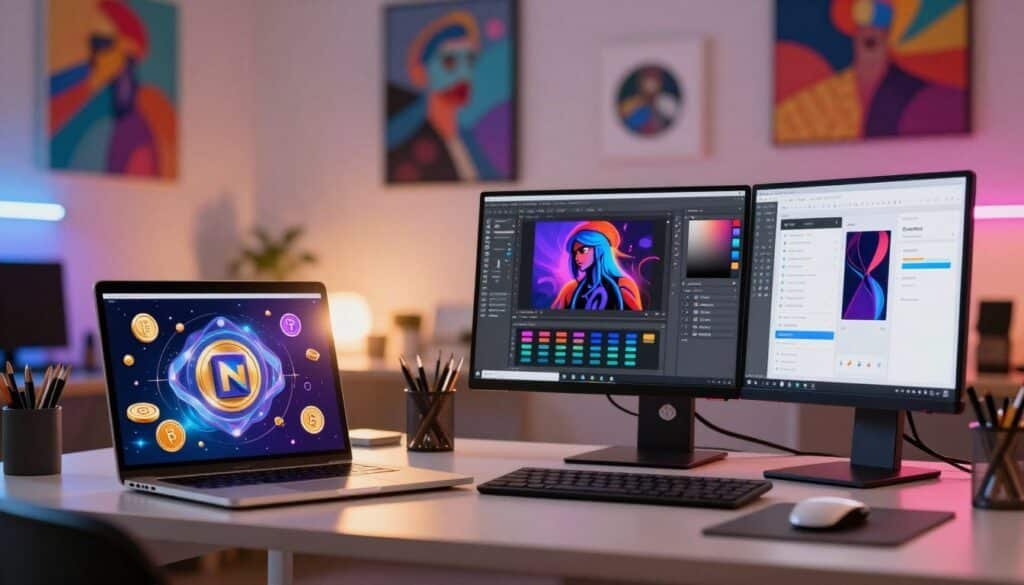 A vibrant digital workspace showcasing the essence of creating and minting NFTs. In the foreground, a laptop displays colorful artwork representing various NFT designs, surrounded by virtual coins and blockchain symbols. The middle layer features a sleek modern desktop with digital tools like graphic design software and online minting platforms, emphasizing creativity and technology. The background is a softly blurred creative studio with abstract digital art hanging on the walls, illuminated by warm ambient lighting. The scene conveys an innovative and inspirational atmosphere, inviting exploration into the world of digital assets and NFTs. Use a shallow depth of field for focus, with a slight lens flare adding a dynamic touch to the overall feel.