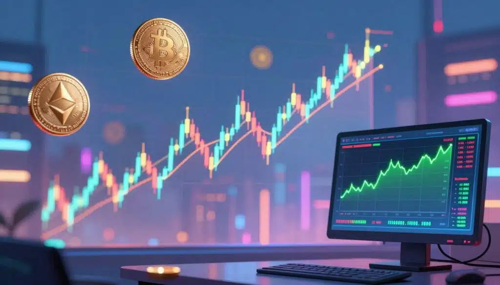 A vibrant, dynamic illustration of cryptocurrency market data analysis, featuring a glowing line graph representing moving averages in bold colors, with fluctuating price lines overlaying it. In the foreground, a modern computer screen displays real-time market statistics, adorned with candlestick charts and a moving average line in bright green. The middle ground includes abstract representations of digital coins, like bitcoin and ethereum, gleaming with a futuristic aesthetic. In the background, an abstract cityscape is illuminated by neon lights, symbolizing the high energy of the crypto market, all under a twilight sky that casts a soft blue hue. The atmosphere conveys excitement and urgency, reflecting the volatility and rapid changes in today’s crypto environment. A vibrant, dynamic illustration of cryptocurrency market data analysis, featuring a glowing line graph representing moving averages in bold colors, with fluctuating price lines overlaying it. In the foreground, a modern computer screen displays real-time market statistics, adorned with candlestick charts and a moving average line in bright green. The middle ground includes abstract representations of digital coins, like bitcoin and ethereum, gleaming with a futuristic aesthetic. In the background, an abstract cityscape is illuminated by neon lights, symbolizing the high energy of the crypto market, all under a twilight sky that casts a soft blue hue. The atmosphere conveys excitement and urgency, reflecting the volatility and rapid changes in today’s crypto environment.