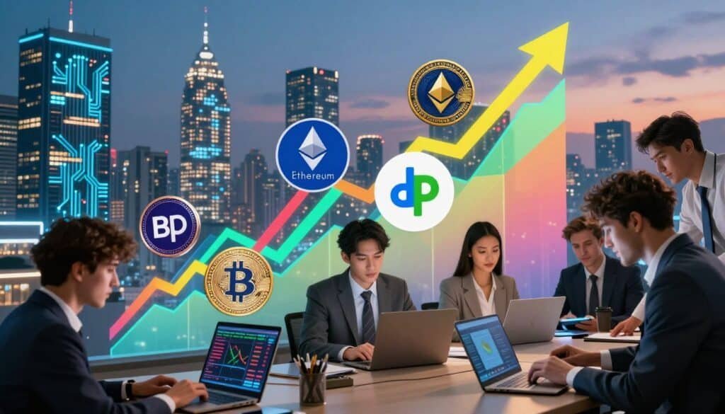 A vibrant, dynamic scene representing "altcoin season" in the cryptocurrency market. In the foreground, a diverse group of professionals in business attire are analyzing digital charts on laptops and tablets, showcasing their enthusiasm. In the middle ground, bold, colorful graphics of various altcoins—like Ethereum, Ripple, and Litecoin—intertwine with upward-trending graphs, symbolizing market growth. The background features a digital cityscape with skyscrapers made of glowing circuit boards under a twilight sky, conveying a sense of innovation and excitement. The lighting is bright and optimistic, highlighting the excitement in the atmosphere. The angle is slightly tilted to give a sense of movement and progress, inviting viewers to dive into the world of altcoins. A vibrant, dynamic scene representing "altcoin season" in the cryptocurrency market. In the foreground, a diverse group of professionals in business attire are analyzing digital charts on laptops and tablets, showcasing their enthusiasm. In the middle ground, bold, colorful graphics of various altcoins—like Ethereum, Ripple, and Litecoin—intertwine with upward-trending graphs, symbolizing market growth. The background features a digital cityscape with skyscrapers made of glowing circuit boards under a twilight sky, conveying a sense of innovation and excitement. The lighting is bright and optimistic, highlighting the excitement in the atmosphere. The angle is slightly tilted to give a sense of movement and progress, inviting viewers to dive into the world of altcoins.