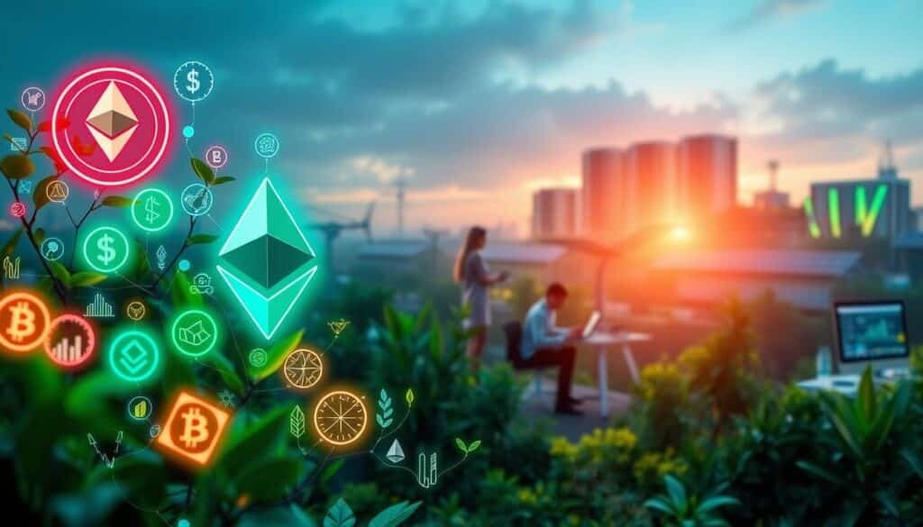 A vibrant ecosystem representing the growth of Ethereum technologies, showcasing interconnected elements of DeFi, NFTs, and DAOs. In the foreground, a stylized representation of digital currency symbols and diverse NFTs, glowing softly with neon colors, symbolizing innovation. The middle layer features people in professional attire collaborating around digital devices, analyzing data in a modern workspace filled with greenery, suggesting balance with nature. In the background, a skyline of futuristic buildings embedded with greenery and solar panels, reflecting real-world adoption of blockchain technology. Soft, diffused lighting creates an optimistic atmosphere, with a slight depth of field to focus on the foreground elements. The overall mood is dynamic and hopeful, highlighting technological growth and sustainability. A vibrant ecosystem representing the growth of Ethereum technologies, showcasing interconnected elements of DeFi, NFTs, and DAOs. In the foreground, a stylized representation of digital currency symbols and diverse NFTs, glowing softly with neon colors, symbolizing innovation. The middle layer features people in professional attire collaborating around digital devices, analyzing data in a modern workspace filled with greenery, suggesting balance with nature. In the background, a skyline of futuristic buildings embedded with greenery and solar panels, reflecting real-world adoption of blockchain technology. Soft, diffused lighting creates an optimistic atmosphere, with a slight depth of field to focus on the foreground elements. The overall mood is dynamic and hopeful, highlighting technological growth and sustainability.