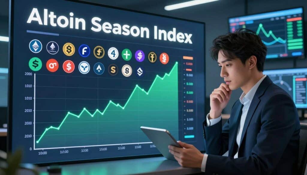 A vibrant, engaging illustration of the "Altcoin Season Index" presented as an interactive chart. In the foreground, a sleek line graph displays fluctuating altcoin values against a background of dynamic, colorful altcoin logos, representing diverse digital currencies like Ethereum, Cardano, and Solana. The middle layer features a focused analyst in professional attire, utilizing a digital tablet to interpret the chart, with a thoughtful expression, emphasizing the analytical aspect of the altcoin index. The background should depict a modern trading environment with large screens showcasing charts and real-time data, illuminated by soft blue and green lighting to evoke a sense of tech-savvy professionalism. The atmosphere should feel energetic yet focused, reflecting the excitement and intricacies of cryptocurrency trends. A vibrant, engaging illustration of the "Altcoin Season Index" presented as an interactive chart. In the foreground, a sleek line graph displays fluctuating altcoin values against a background of dynamic, colorful altcoin logos, representing diverse digital currencies like Ethereum, Cardano, and Solana. The middle layer features a focused analyst in professional attire, utilizing a digital tablet to interpret the chart, with a thoughtful expression, emphasizing the analytical aspect of the altcoin index. The background should depict a modern trading environment with large screens showcasing charts and real-time data, illuminated by soft blue and green lighting to evoke a sense of tech-savvy professionalism. The atmosphere should feel energetic yet focused, reflecting the excitement and intricacies of cryptocurrency trends.