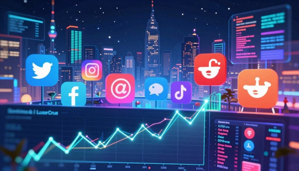 A vibrant, futuristic digital landscape depicting social media trends in cryptocurrency. In the foreground, dynamic graphs and charts illustrate sentiment analysis, with glowing lines connecting fluctuating cryptocurrency prices. The middle layer features stylized representations of popular social media platforms, like Twitter and Reddit, symbolizing community engagement with bright, neon hues. In the background, a city skyline blends with digital elements, showcasing data visualization and streaming social feeds, all under a glowing night sky filled with stars. The lighting is bright, with a techno vibe, emphasizing a sense of innovation and excitement. The overall mood is energetic and forward-thinking, capturing the essence of AI-powered tools like Santiment and LunarCrush.
