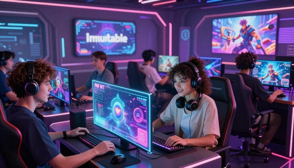 A vibrant, futuristic gaming hub representing "Immutable" as a central element. In the foreground, a sleek gaming console with holographic displays emanating colorful graphics of NFTs and virtual characters. In the middle, a diverse group of players of various ethnicities, dressed in smart casual attire, engaged in gameplay on their devices, showcasing a sense of excitement and camaraderie. The background features a dynamic cityscape with neon lights and digital billboards featuring iconic game characters, evoking a lively, immersive atmosphere. Soft, dynamic lighting enhances the tech-savvy environment, while a slightly elevated angle captures the depth and interaction among players, creating a sense of community in this free-to-play Web3 gaming universe. A vibrant, futuristic gaming hub representing "Immutable" as a central element. In the foreground, a sleek gaming console with holographic displays emanating colorful graphics of NFTs and virtual characters. In the middle, a diverse group of players of various ethnicities, dressed in smart casual attire, engaged in gameplay on their devices, showcasing a sense of excitement and camaraderie. The background features a dynamic cityscape with neon lights and digital billboards featuring iconic game characters, evoking a lively, immersive atmosphere. Soft, dynamic lighting enhances the tech-savvy environment, while a slightly elevated angle captures the depth and interaction among players, creating a sense of community in this free-to-play Web3 gaming universe.