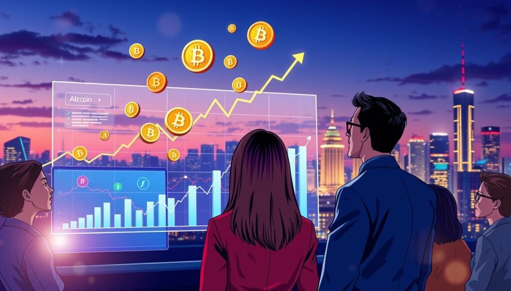 A vibrant illustration of "altcoin season" in the cryptocurrency market. In the foreground, a diverse group of professionals in business attire, looking at a digital screen displaying graphs and altcoin logos, reflecting excitement and collaboration. The middle layer features a stylized chart with upward trends, symbolizing the rise of altcoins, surrounded by vibrant coins floating in the air, glowing with golden and silver hues. The background showcases a futuristic city skyline at dusk, with colorful lights representing digital exchanges and market activity. Soft, dynamic lighting enhances the atmosphere of optimism and energy, with a slight lens flare adding depth. Capture the essence of growth and innovation in finance, emphasizing community and opportunity. A vibrant illustration of "altcoin season" in the cryptocurrency market. In the foreground, a diverse group of professionals in business attire, looking at a digital screen displaying graphs and altcoin logos, reflecting excitement and collaboration. The middle layer features a stylized chart with upward trends, symbolizing the rise of altcoins, surrounded by vibrant coins floating in the air, glowing with golden and silver hues. The background showcases a futuristic city skyline at dusk, with colorful lights representing digital exchanges and market activity. Soft, dynamic lighting enhances the atmosphere of optimism and energy, with a slight lens flare adding depth. Capture the essence of growth and innovation in finance, emphasizing community and opportunity.