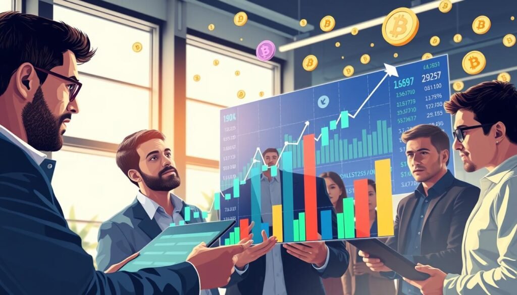 A vibrant illustration of an accumulation market in cryptocurrency trading. In the foreground, a diverse group of professional traders in business attire analyze charts and digital screens displaying fluctuating crypto prices, their expressions focused and determined. The middle ground features a dynamic graph showing a bullish accumulation phase with a series of upward trending bars and icons representing various cryptocurrencies. The background showcases a sleek, modern trading office setting with large windows letting in soft, diffused daylight, casting a warm glow. The atmosphere conveys a sense of optimism and strategic planning, as traders collaboratively discuss their strategies amidst a backdrop of digital currency symbols floating subtly in the air. The composition is balanced, evoking a sense of action and engagement in the crypto market space.