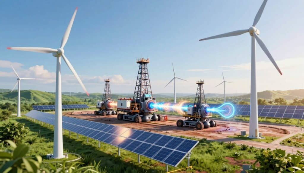 A vibrant representation of energy, showcasing a futuristic mining operation powered by renewable resources. In the foreground, depict sleek, wind turbines spinning gracefully alongside solar panels reflecting sunlight, symbolizing sustainable energy solutions. The middle ground features advanced mining rigs, intricately designed, with glowing energy conduits pulsating, illustrating the flow of electricity. In the background, a clear blue sky merges with lush green landscapes, embodying harmony between technology and nature. Soft, warm lighting bathes the scene, creating an optimistic atmosphere. Capture the essence of innovation and responsibility in energy consumption, with a slight tilt angle to emphasize the dynamic movement of energy in this thriving ecosystem of smart mining operations.