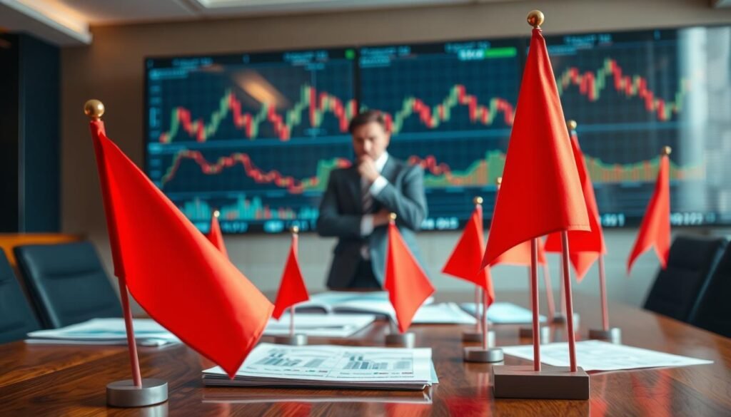 A vibrant scene depicting multiple red flags prominently displayed in a business setting, symbolizing warning signs of Ponzi scheme cryptocurrency scams. In the foreground, a large red flag waves energetically, with smaller red flags scattered around on a polished wooden table alongside financial documents and charts. The middle ground features a blurred figure in professional business attire thoughtfully examining the situation, embodying concern and contemplation. In the background, a large screen displays fluctuating cryptocurrency graphs with clear downturns. Use warm lighting to create a sense of urgency, shot with a shallow depth of field to emphasize the foreground flags. The overall mood is tense yet informative, aiming to alert viewers to signs of financial deception.
