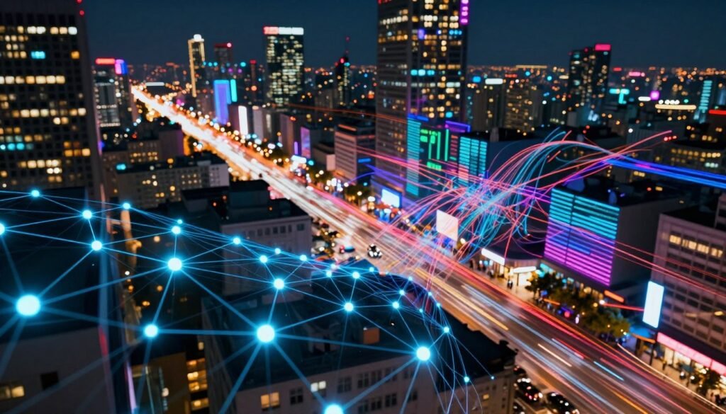 A vibrant, stylized cityscape at night, showcasing a bustling digital marketplace filled with swirling lines and bursts of color representing network congestion. In the foreground, glowing blockchain nodes connected by intricate web-like paths intertwine, symbolizing the intensity of NFT transactions. The middle ground features abstract representations of data packets moving rapidly, their paths crisscrossing chaotically, enhancing the sense of congestion. In the background, the sky is illuminated with neon light reflections, hinting at a virtual realm where digital commerce occurs. Use dramatic lighting to create a sense of urgency and complexity, with a slight tilt-up angle to capture the bustling energy of the scene, evoking a feeling of rapid motion and tension.