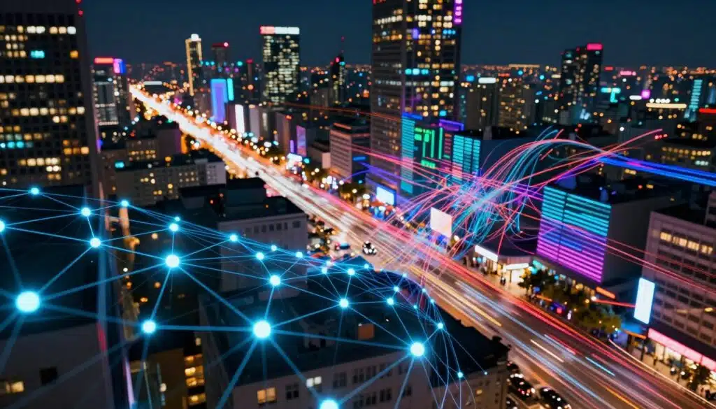 A vibrant, stylized cityscape at night, showcasing a bustling digital marketplace filled with swirling lines and bursts of color representing network congestion. In the foreground, glowing blockchain nodes connected by intricate web-like paths intertwine, symbolizing the intensity of NFT transactions. The middle ground features abstract representations of data packets moving rapidly, their paths crisscrossing chaotically, enhancing the sense of congestion. In the background, the sky is illuminated with neon light reflections, hinting at a virtual realm where digital commerce occurs. Use dramatic lighting to create a sense of urgency and complexity, with a slight tilt-up angle to capture the bustling energy of the scene, evoking a feeling of rapid motion and tension. A vibrant, stylized cityscape at night, showcasing a bustling digital marketplace filled with swirling lines and bursts of color representing network congestion. In the foreground, glowing blockchain nodes connected by intricate web-like paths intertwine, symbolizing the intensity of NFT transactions. The middle ground features abstract representations of data packets moving rapidly, their paths crisscrossing chaotically, enhancing the sense of congestion. In the background, the sky is illuminated with neon light reflections, hinting at a virtual realm where digital commerce occurs. Use dramatic lighting to create a sense of urgency and complexity, with a slight tilt-up angle to capture the bustling energy of the scene, evoking a feeling of rapid motion and tension.