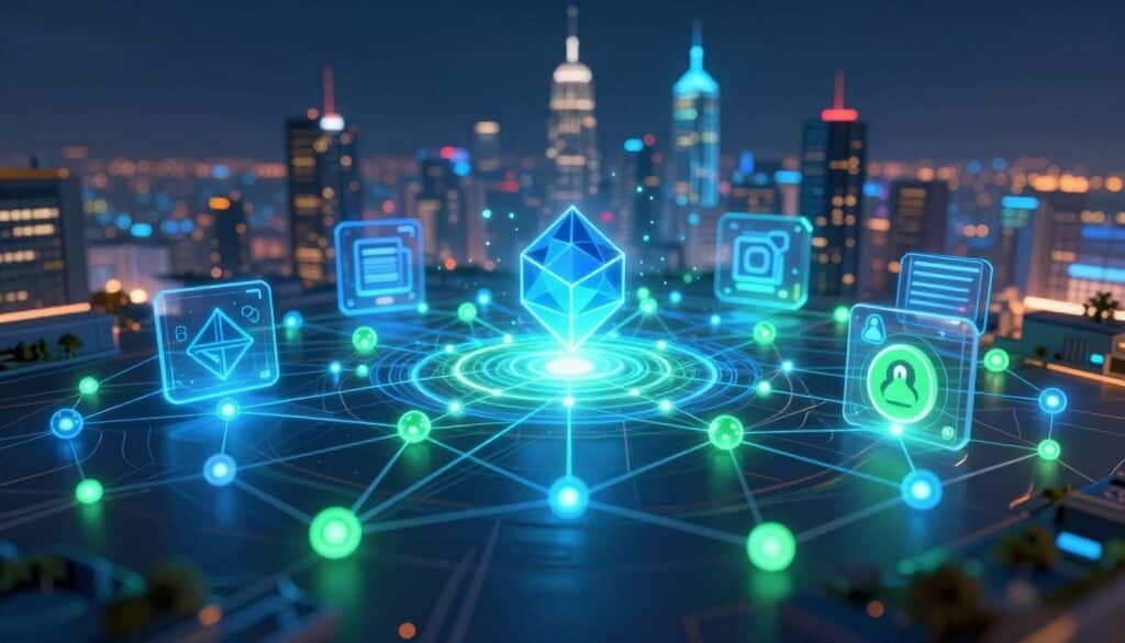 A vibrant virtual landscape illustrating the concept of interoperability in blockchain technology. In the foreground, interconnected digital nodes glow in shades of blue and green, forming a complex network pattern. The middle ground features abstract representations of different blockchain platforms, depicted as geometric shapes, harmoniously merging and interacting with one another. In the background, a futuristic city skyline is bathed in soft, ambient light, symbolizing growth and innovation. The scene is illuminated by a dynamic light source, creating reflections and depth. The atmosphere is one of collaboration and excitement, highlighting the importance of seamless connectivity for enhanced user experience and scalability. Aim for a wide-angle perspective to capture the breadth of the interconnected systems. A vibrant virtual landscape illustrating the concept of interoperability in blockchain technology. In the foreground, interconnected digital nodes glow in shades of blue and green, forming a complex network pattern. The middle ground features abstract representations of different blockchain platforms, depicted as geometric shapes, harmoniously merging and interacting with one another. In the background, a futuristic city skyline is bathed in soft, ambient light, symbolizing growth and innovation. The scene is illuminated by a dynamic light source, creating reflections and depth. The atmosphere is one of collaboration and excitement, highlighting the importance of seamless connectivity for enhanced user experience and scalability. Aim for a wide-angle perspective to capture the breadth of the interconnected systems.