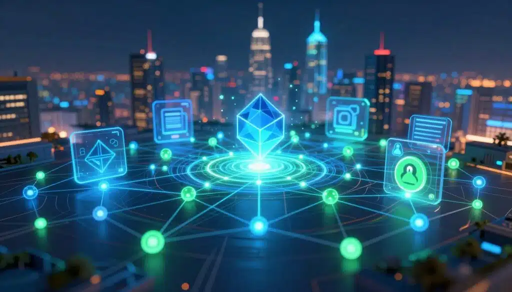 A vibrant virtual landscape illustrating the concept of interoperability in blockchain technology. In the foreground, interconnected digital nodes glow in shades of blue and green, forming a complex network pattern. The middle ground features abstract representations of different blockchain platforms, depicted as geometric shapes, harmoniously merging and interacting with one another. In the background, a futuristic city skyline is bathed in soft, ambient light, symbolizing growth and innovation. The scene is illuminated by a dynamic light source, creating reflections and depth. The atmosphere is one of collaboration and excitement, highlighting the importance of seamless connectivity for enhanced user experience and scalability. Aim for a wide-angle perspective to capture the breadth of the interconnected systems.