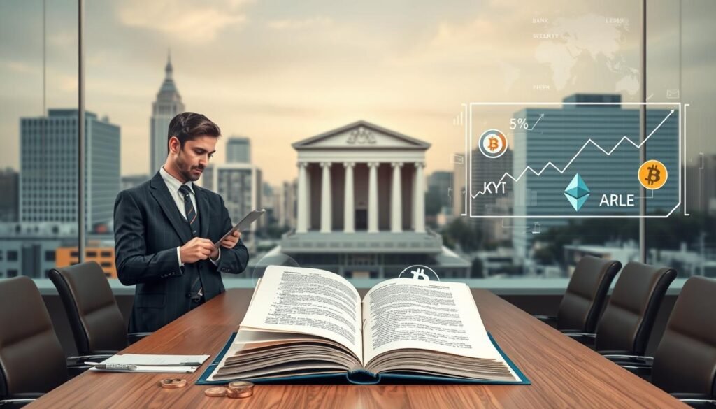 A visually compelling and informative representation of the "Bank Secrecy Act" in the context of cryptocurrency regulations. In the foreground, a professional businessperson in formal attire studies a large, open book symbolizing the act, surrounded by digital currencies like Bitcoin and Ethereum. The middle ground features a simple, modern conference table with documents and compliance symbols, signaling a serious discussion. In the background, a cityscape with banking buildings and a digital overlay displaying currency symbols and graphs evokes the global financial sector. Soft, focused lighting emphasizes a serious and informative mood, with the angle leaning slightly upward to suggest optimism in compliance and regulation. The overall atmosphere should be professional and dynamic, reflecting the importance of KYC and AML in contemporary finance.