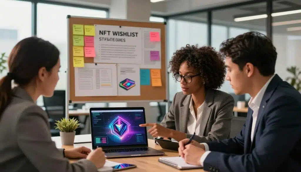 A visually compelling digital workspace scene depicting NFT whitelist strategies. In the foreground, a diverse group of three professionals, dressed in smart business attire, collaborate over a sleek laptop displaying vibrant NFT artworks. One person, a Black woman with glasses, points at the screen, while a Hispanic man takes notes on a tablet. In the middle ground, a bulletin board filled with colorful sticky notes and charts outlining strategies for securing whitelist spots dominates the scene. The background features a modern office with large windows letting in warm, natural light, casting soft shadows. The mood is focused and collaborative, emphasizing innovation and strategy in the cryptocurrency space. The composition is balanced, creating an engaging and informative atmosphere.
