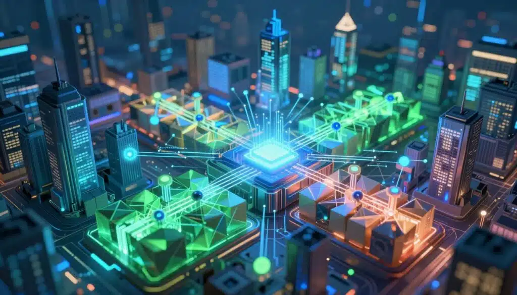 A visually compelling illustration of blockchain sharding, showcasing a futuristic cityscape divided into multiple vibrant shards, each representing a different segment of a blockchain network. In the foreground, intricate 3D geometric shapes symbolize the process of data division, interconnected with luminous lines of code representing transaction pathways. The middle ground features stylized nodes that illustrate how transactions are processed in parallel, radiating a sense of motion and efficiency. The background displays a digital skyline with glowing skyscrapers, illuminated by a mixture of blue and green hues, evoking a sense of innovation and technology. Soft, ambient lighting enhances the mood, with a slightly blurred depth of field to draw focus to the intricate details in the foreground. The overall atmosphere combines a sense of complexity and clarity, epitomizing advanced blockchain scalability solutions.