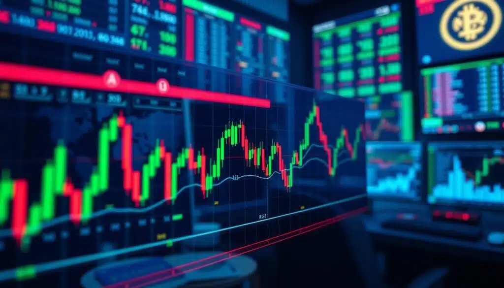 A visually compelling illustration of the Relative Strength Index (RSI) as a financial trading tool, focused on a colorful digital interface showing a dynamic RSI graph with fluctuating lines and indicators. In the foreground, prominent candlestick charts represent recent price movements, enhancing the sense of market activity. The middle ground should feature transparent overlays of stock market symbols and digital data streams, conveying a sense of high-tech finance. In the background, a softly blurred trading room environment, with screens displaying various cryptocurrency metrics, bathed in cool blue and green lighting to evoke a professional atmosphere. The mood is analytical yet energetic, capturing the essence of gauging momentum and potential reversals in the market. The angle should be slightly elevated, providing an expansive view of the trading setup.