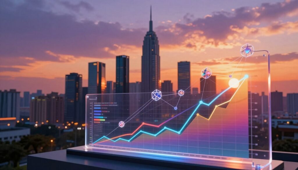 A visually compelling representation of blockchain transaction volumes. In the foreground, a transparent digital display depicts animated graphs and charts illustrating rising transaction trends with vibrant colors. In the middle ground, a sleek, modern city skyline represents technological advancement, with abstract blockchain nodes interconnected by glowing lines symbolizing data flow. The background features a captivating sunset with warm oranges and purples creating an inspiring atmosphere, highlighting the potential for growth in cryptocurrency adoption. Soft lens flares convey optimism and innovation. The scene captures a sense of connectivity and progress, enhancing the importance of scalability solutions for mainstream blockchain adoption.